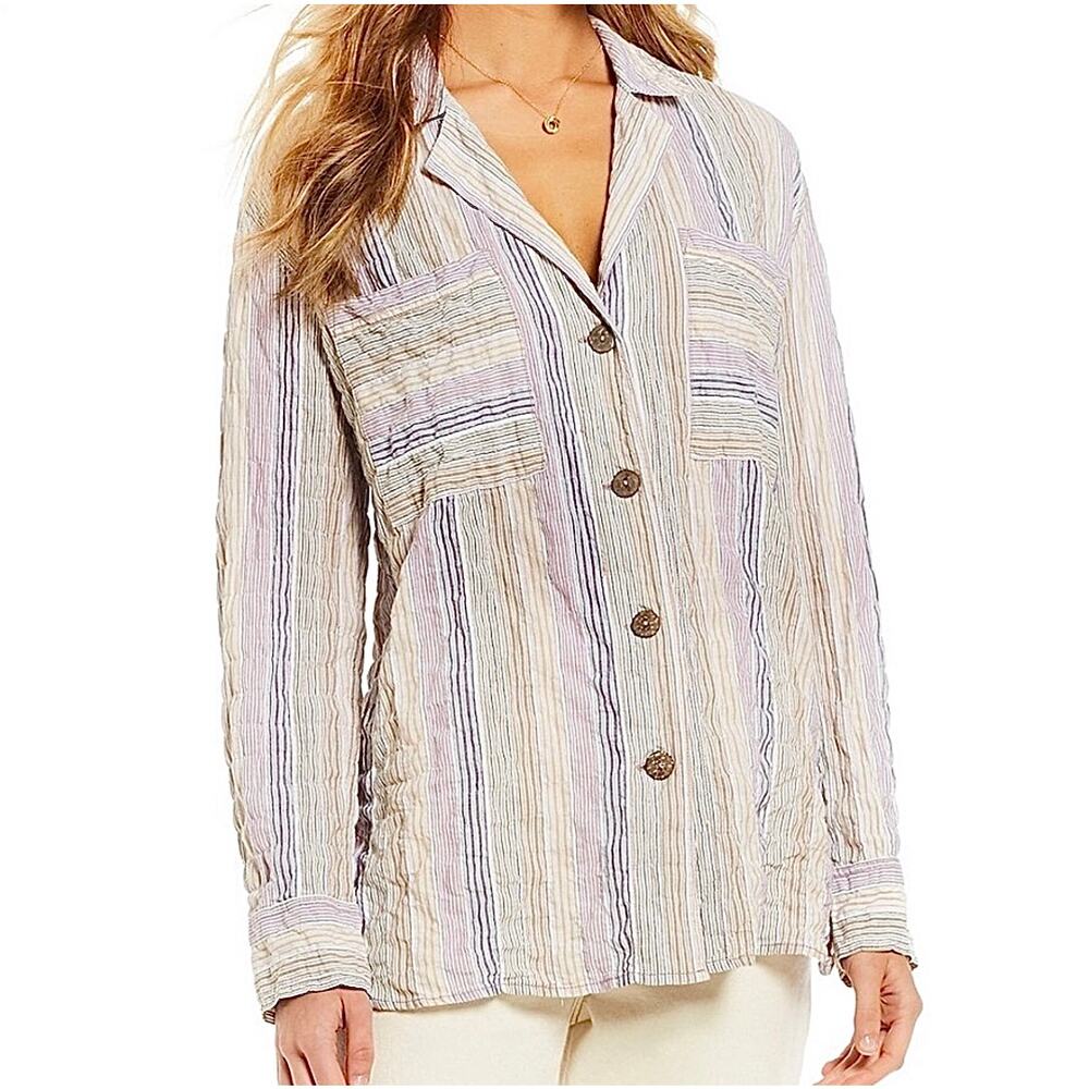 Free People Striped Button-Down Shirt in Cream and Lavender